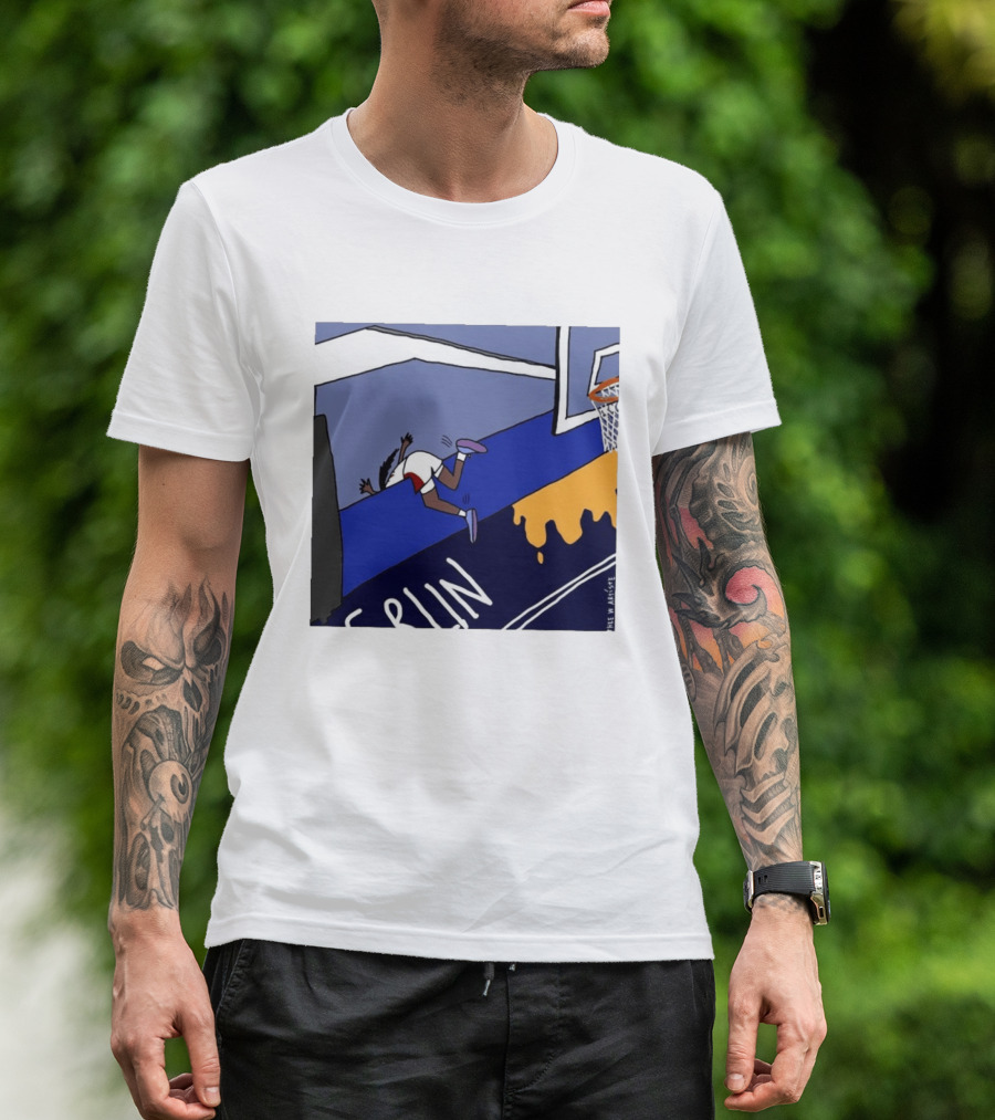 Basketball Player Diving Off Court Cartoon NBA Fan Art By Reuben Armstrong T-Shirt