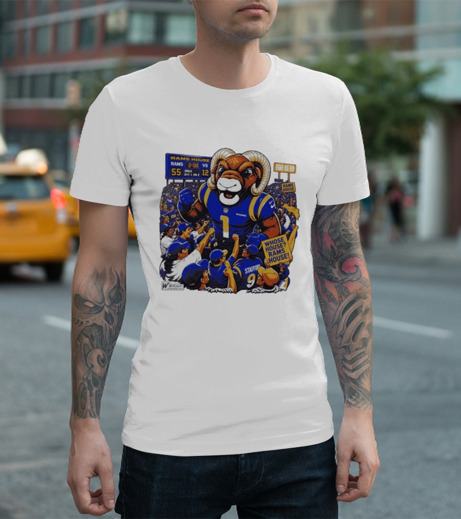 Rams House Rampage Cartoon Scoreboard Los Angeles Whose House T-Shirt