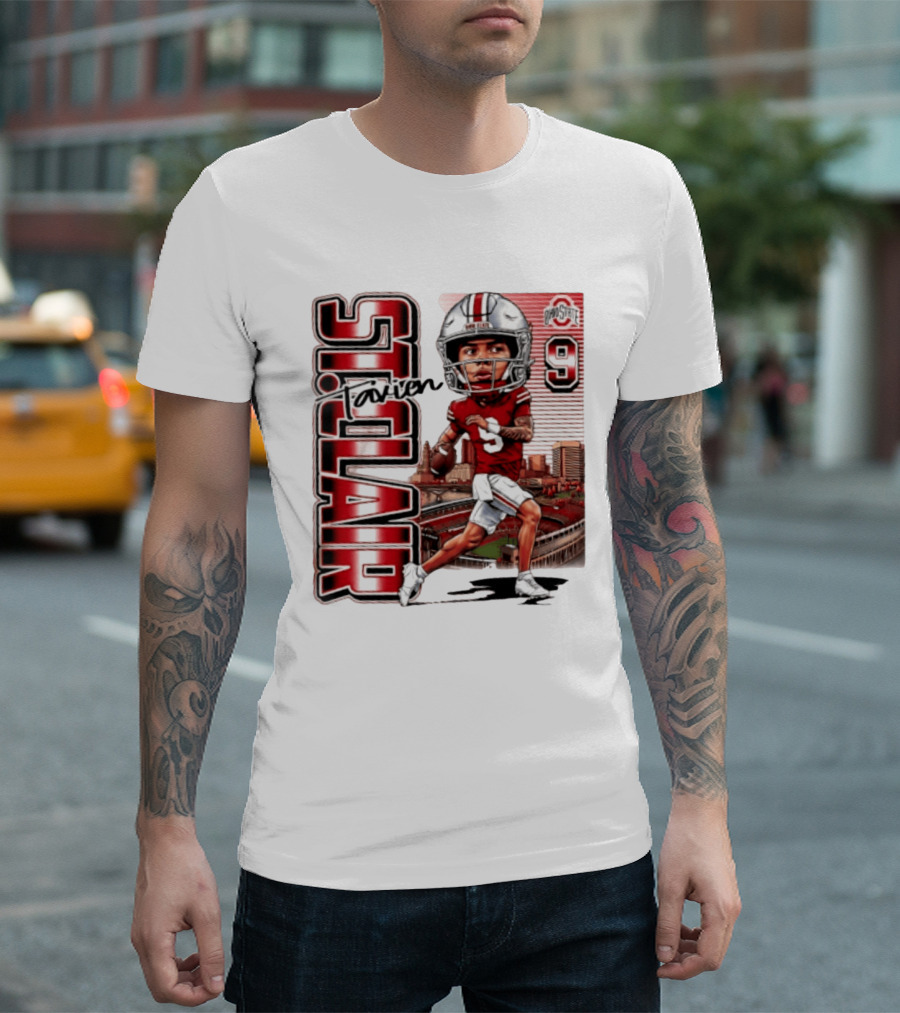 Tavien St. Clair 9 Ohio State Buckeyes Player Caricature With Ohio Stadium T-Shirt
