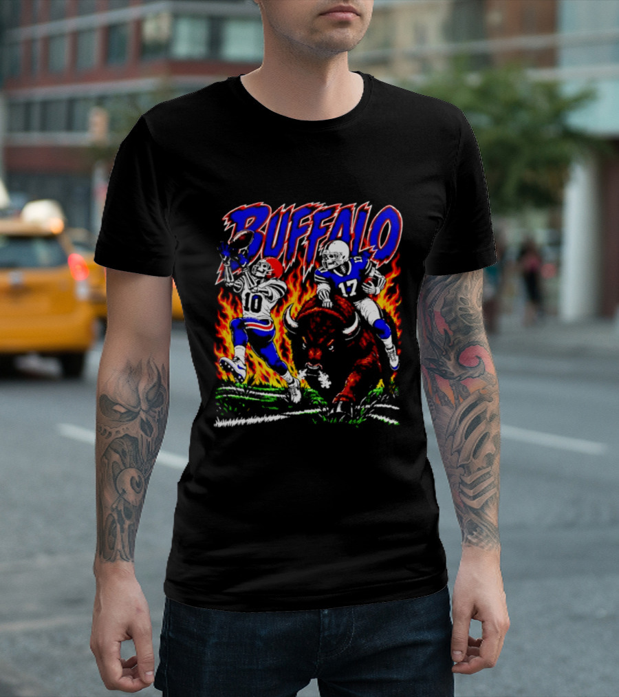 Buffalo Bills Flaming Skeleton Football Players Number 10 And 17 T-Shirt