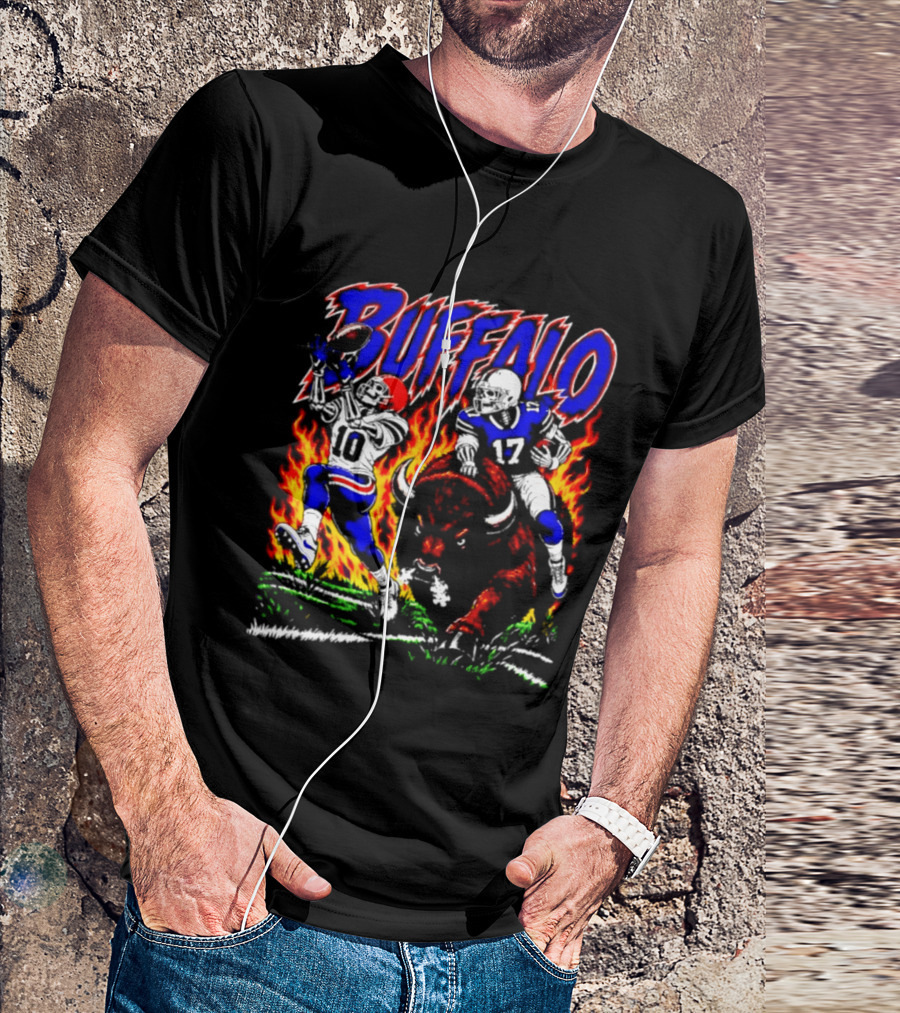 Buffalo Bills Flaming Skeleton Football Players Number 10 And 17 T-Shirt