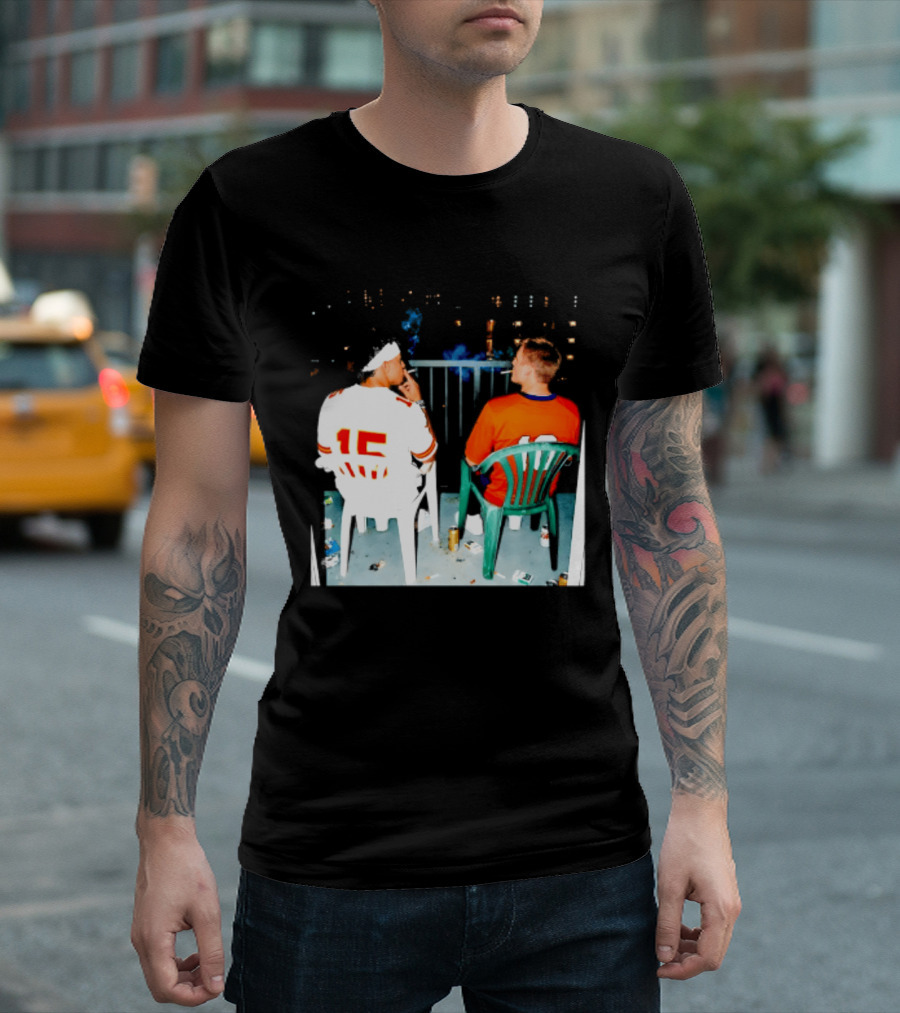 Patrick Mahomes Kansas City Chiefs And Bo Nix Denver Broncos Smoking Behind Skyline T-Shirt