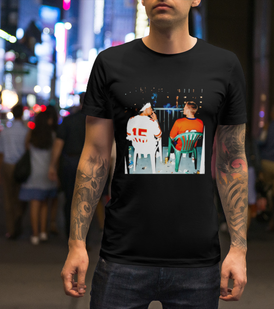 Patrick Mahomes Kansas City Chiefs And Bo Nix Denver Broncos Smoking Behind Skyline T-Shirt