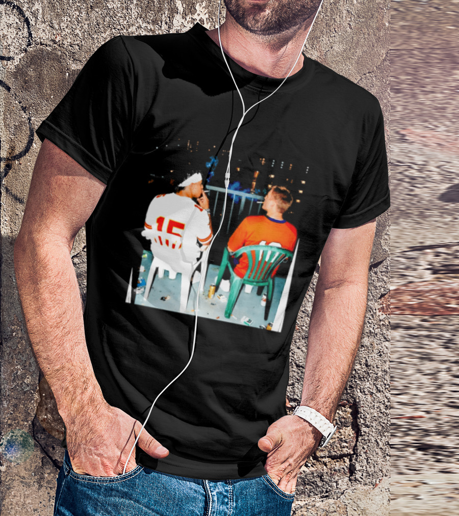 Patrick Mahomes Kansas City Chiefs And Bo Nix Denver Broncos Smoking Behind Skyline T-Shirt
