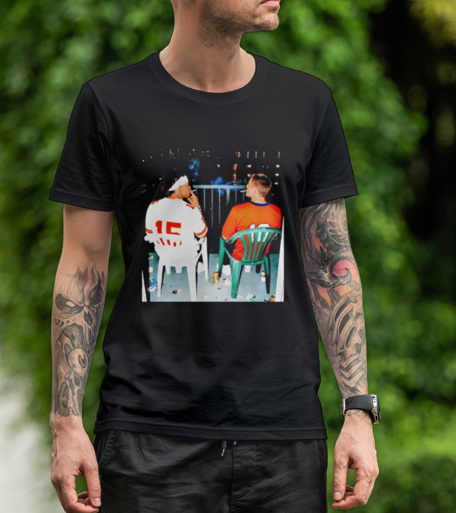 Patrick Mahomes Kansas City Chiefs And Bo Nix Denver Broncos Smoking Behind Skyline T-Shirt