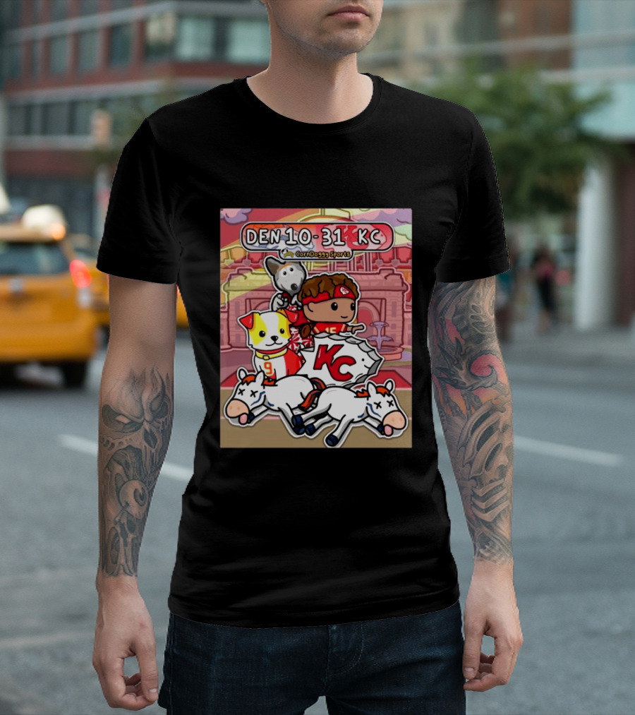 CornDoggy Sports DEN 10 31 KC Denver Broncos Vs Kansas City Chiefs Cartoon Characters And Dogs With Football T-Shirt