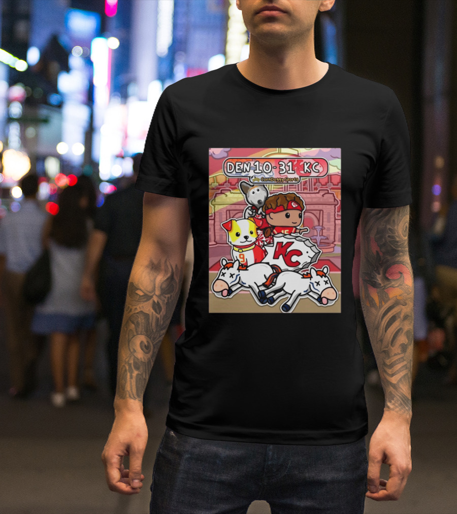 CornDoggy Sports DEN 10 31 KC Denver Broncos Vs Kansas City Chiefs Cartoon Characters And Dogs With Football T-Shirt
