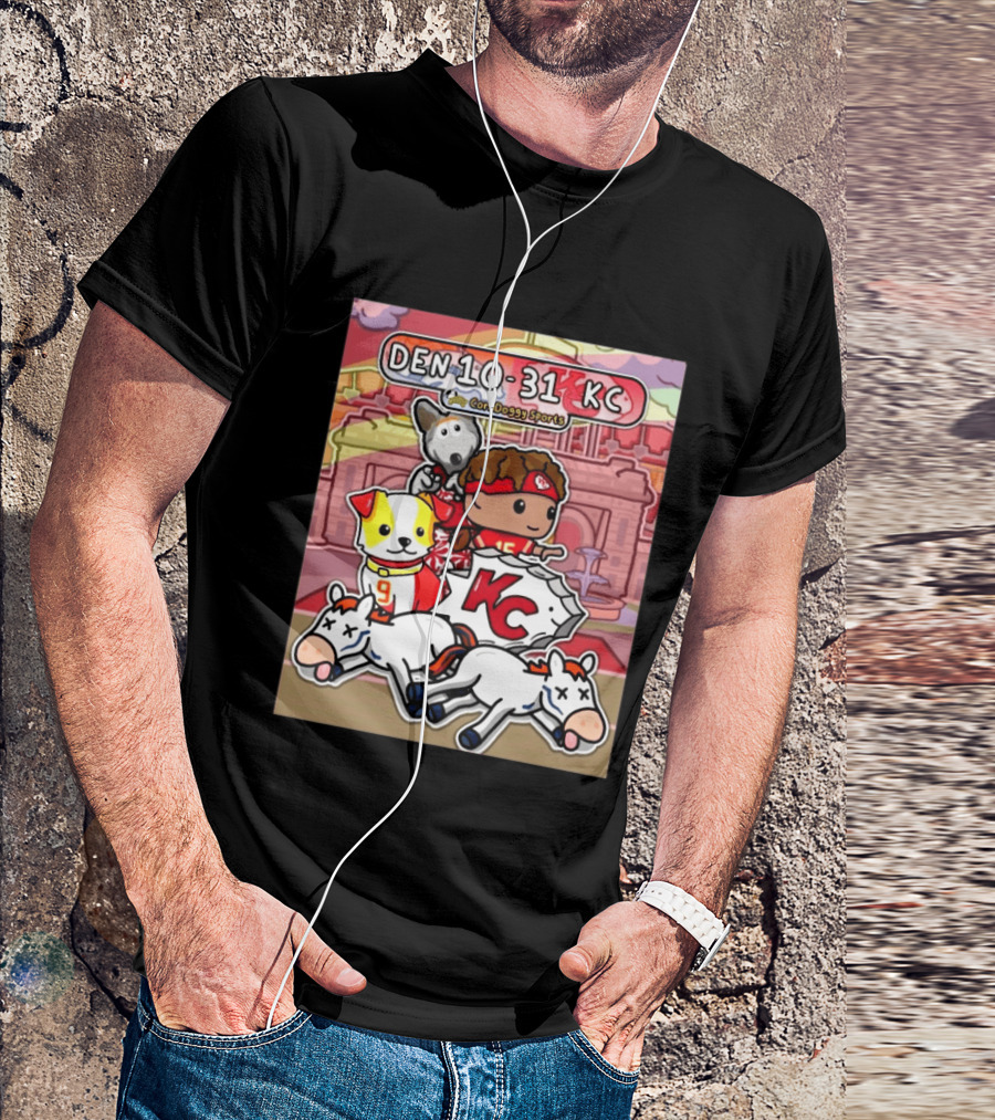 CornDoggy Sports DEN 10 31 KC Denver Broncos Vs Kansas City Chiefs Cartoon Characters And Dogs With Football T-Shirt