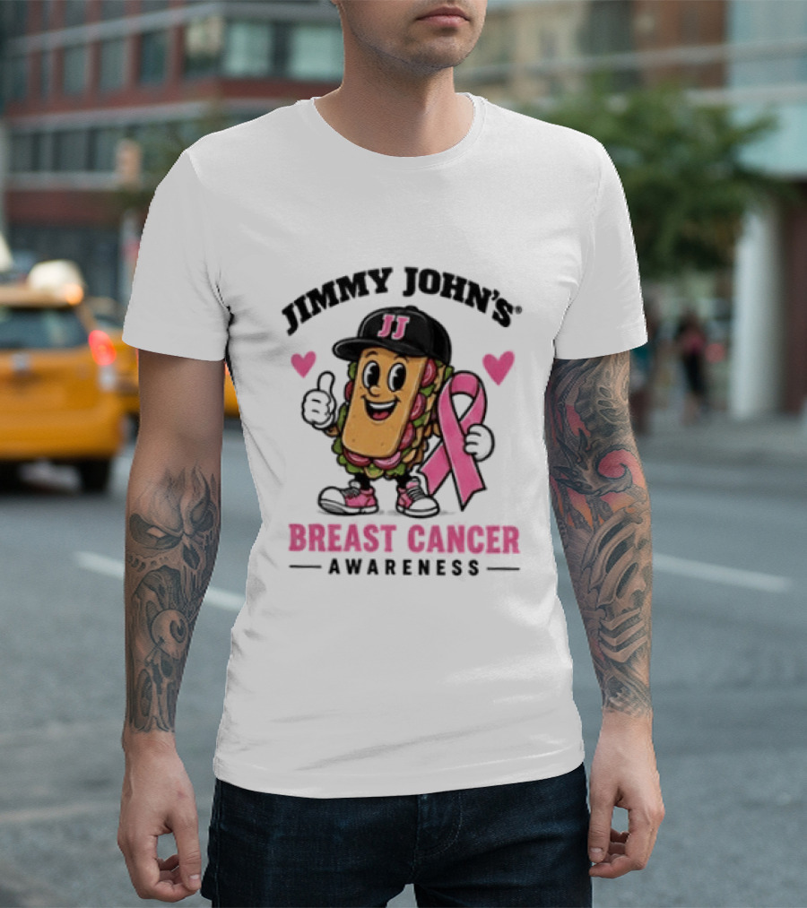 Jimmy John's Pink Ribbon Breast Cancer Awareness Sandwich JJ Hat Hearts T-Shirt