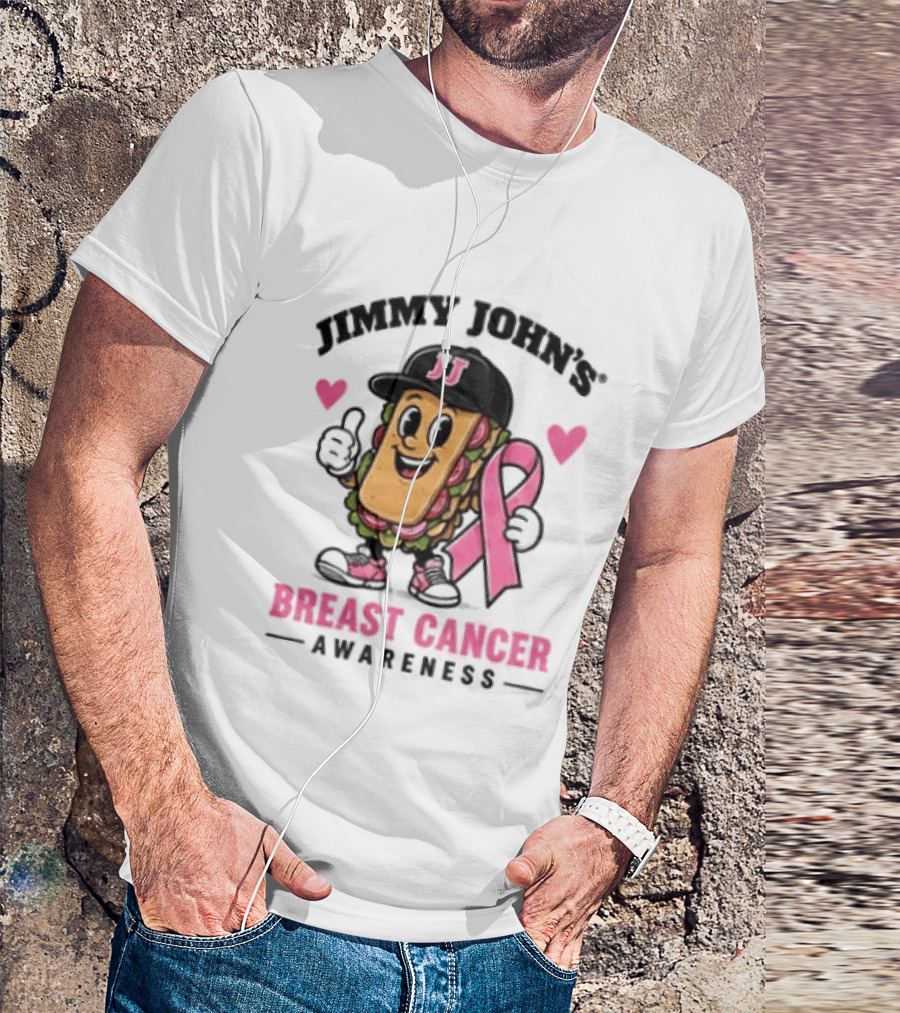 Jimmy John's Pink Ribbon Breast Cancer Awareness Sandwich JJ Hat Hearts T-Shirt