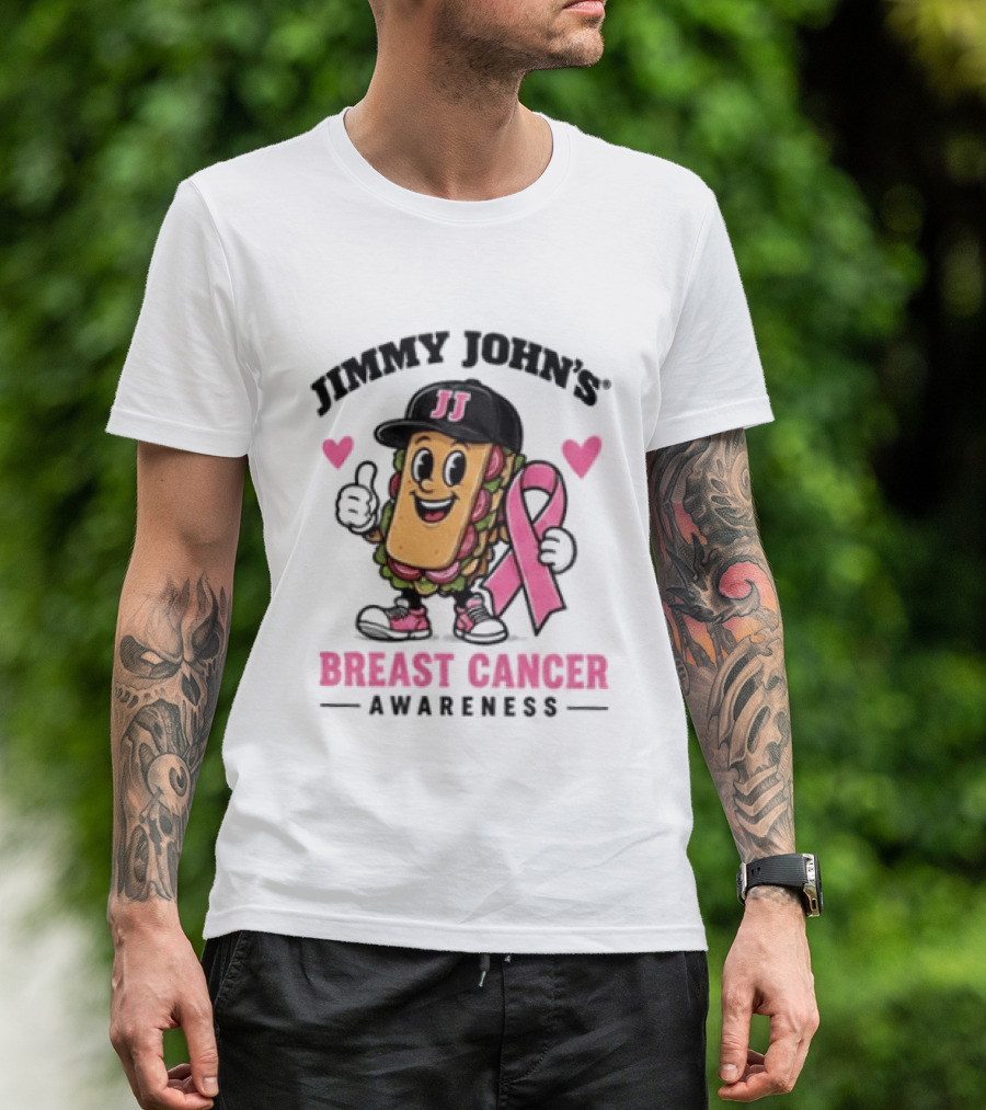 Jimmy John's Pink Ribbon Breast Cancer Awareness Sandwich JJ Hat Hearts T-Shirt