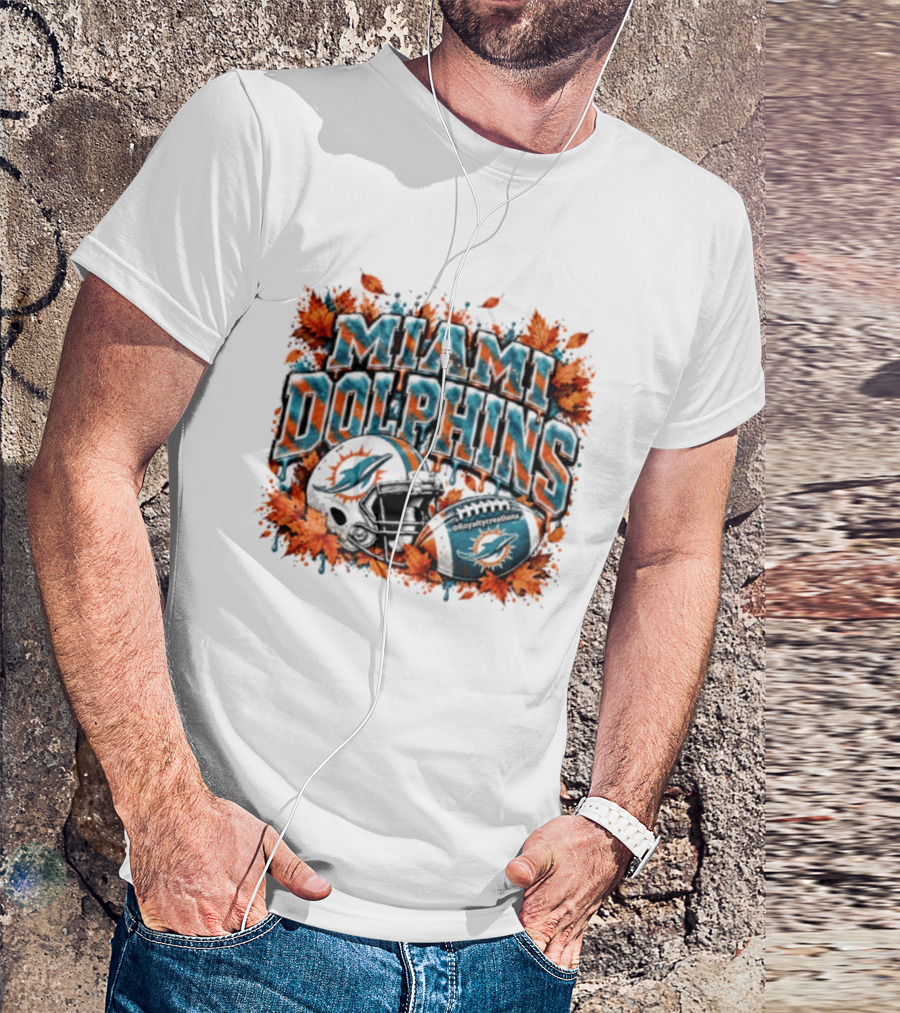 Miami Dolphins Football Helmet Autumn Leaves Halloween 2026 T-Shirt