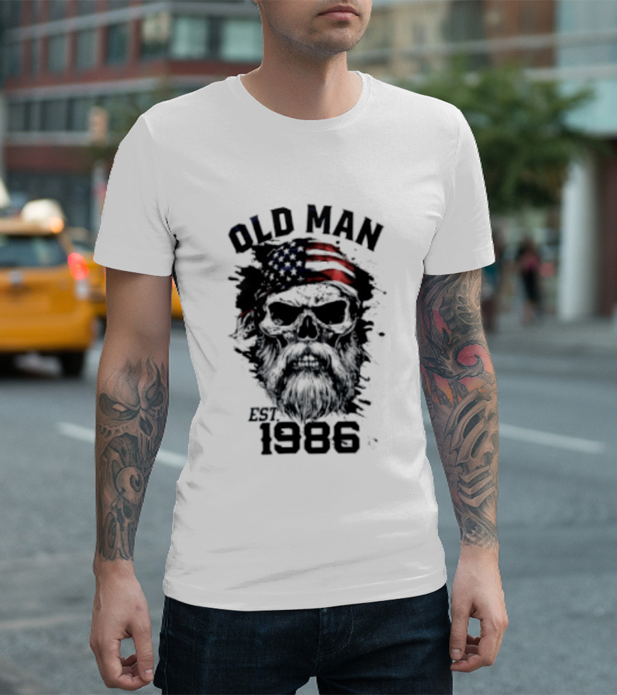 Old Man Est 1986 Skull American Flag Bandana T-Shirt