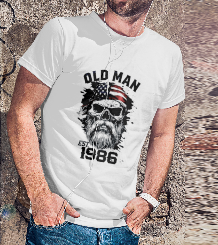 Old Man Est 1986 Skull American Flag Bandana T-Shirt