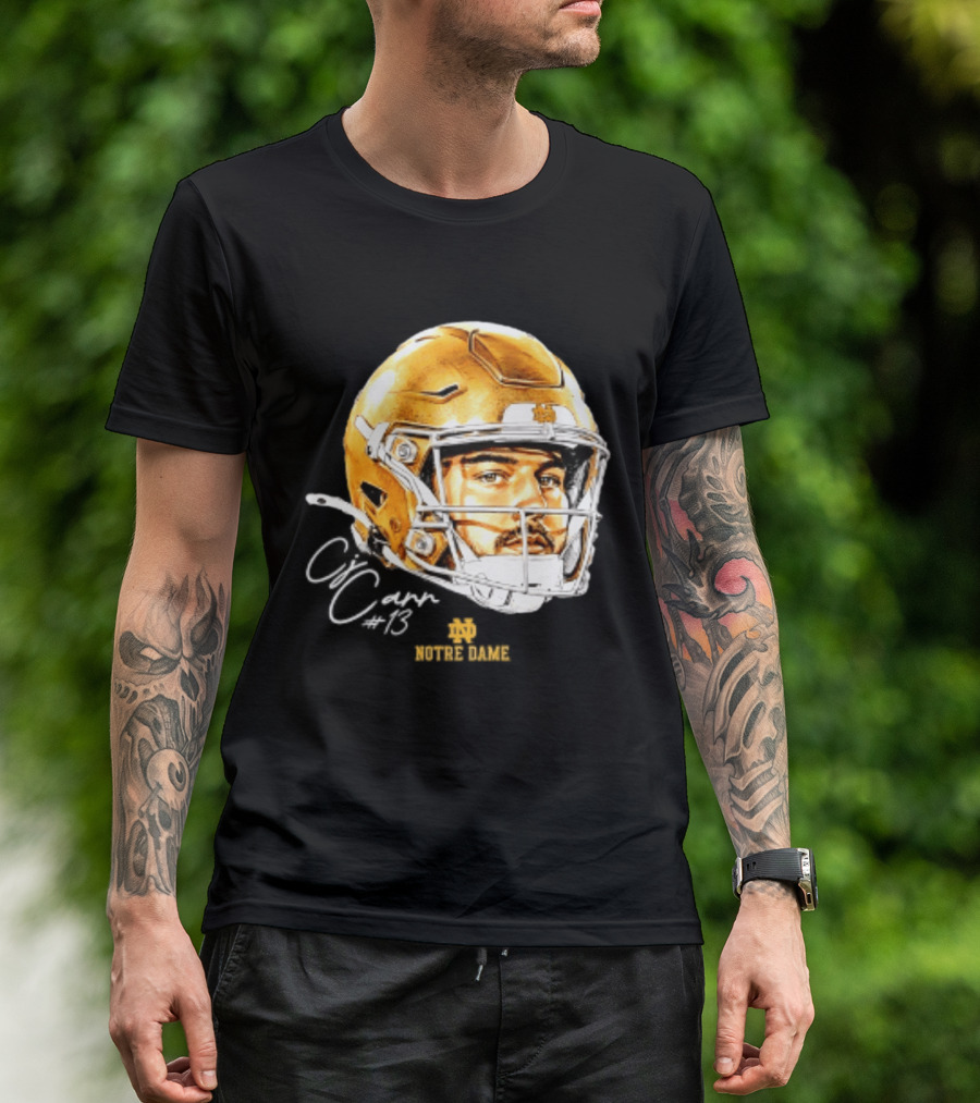 Notre Dame Football CJ Carr 13 NCAA Swag Helmet T-Shirt