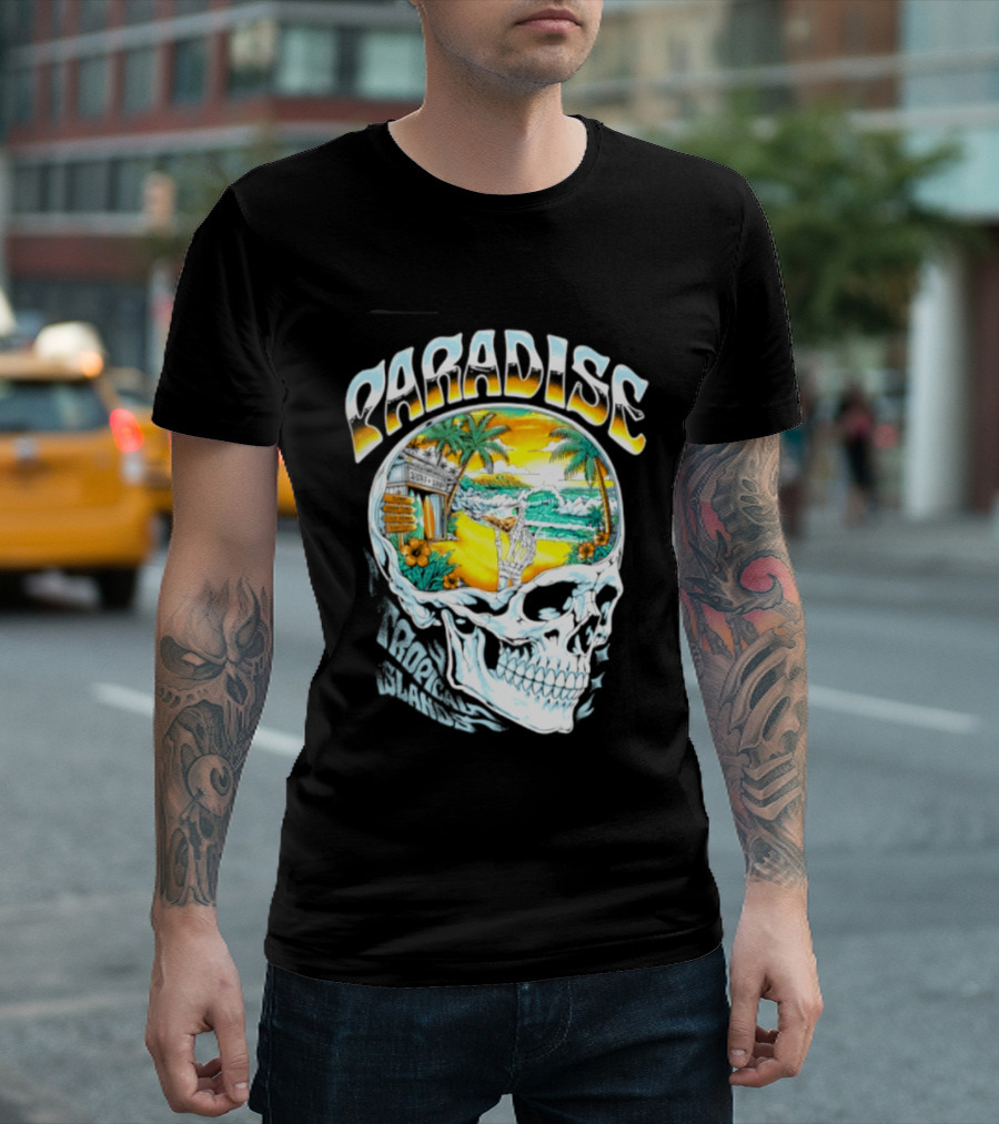 Paradise Tropical Island Skull Surf Shop Beach Scene T-Shirt
