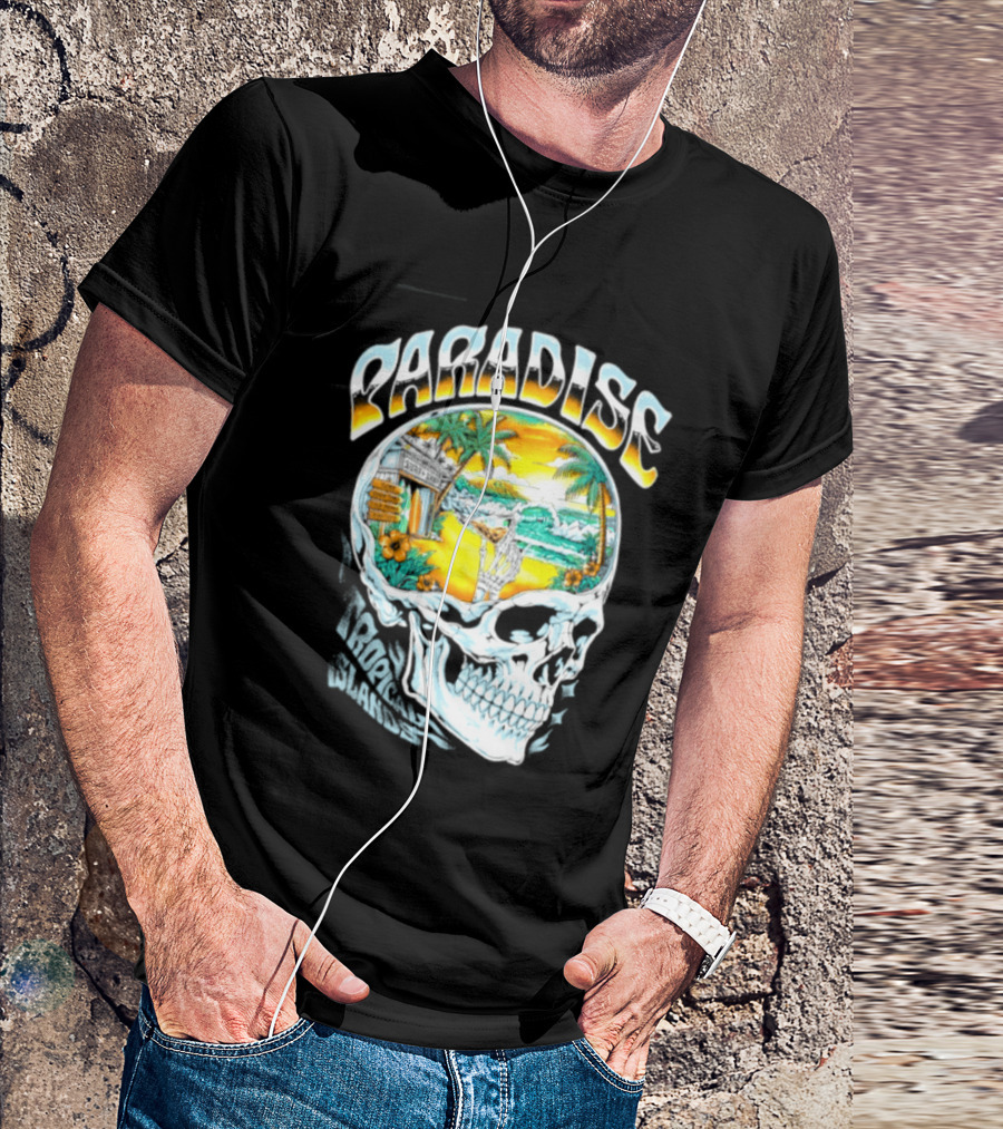 Paradise Tropical Island Skull Surf Shop Beach Scene T-Shirt