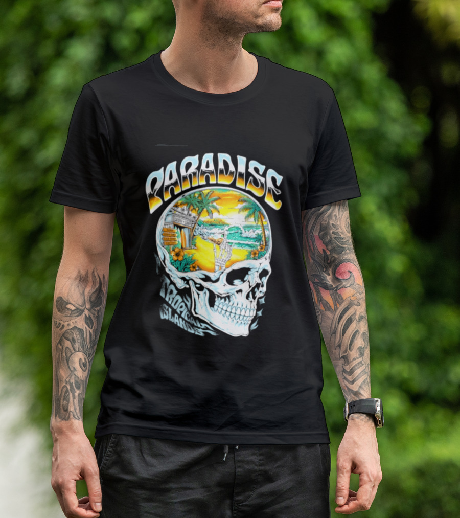 Paradise Tropical Island Skull Surf Shop Beach Scene T-Shirt