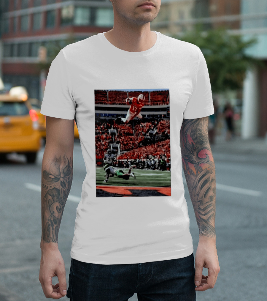 Brennan Presley Oklahoma State Cowboys Touchdown Football Action Stadium Scene T-Shirt