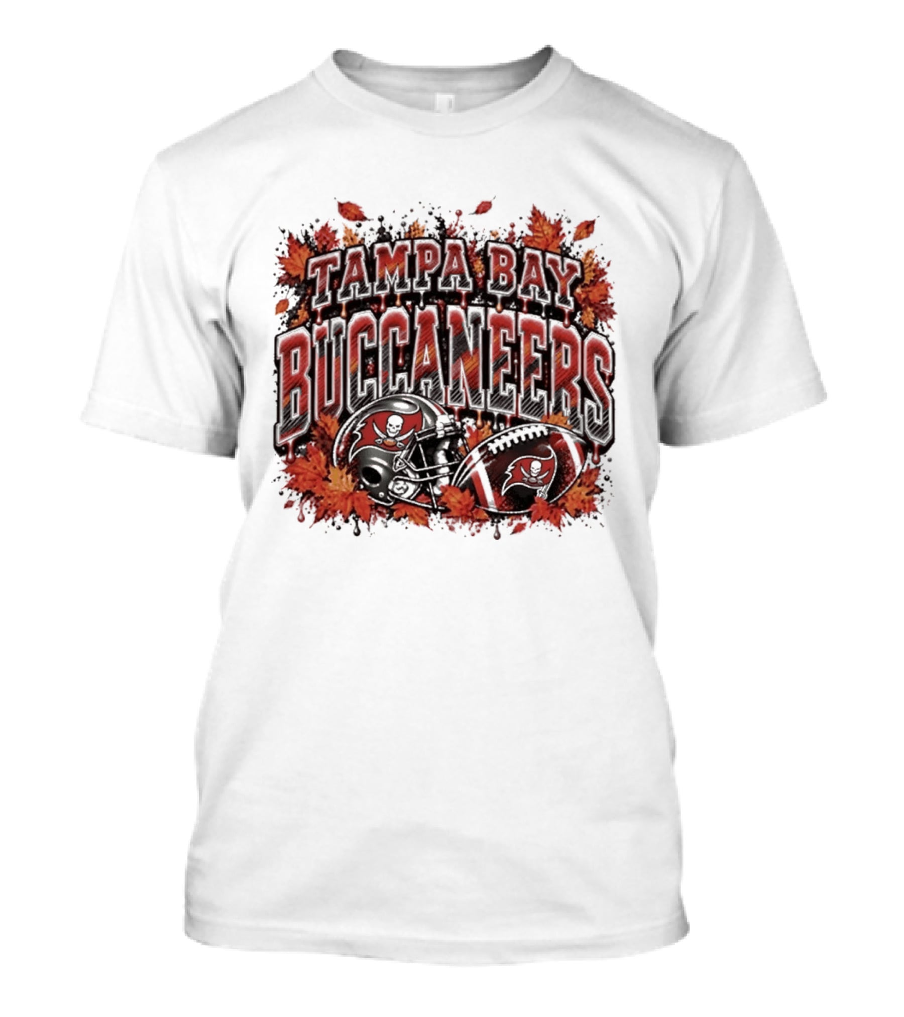 Tampa Bay Buccaneers Helmet And Football With Autumn Leaves Halloween 2026 T-Shirt