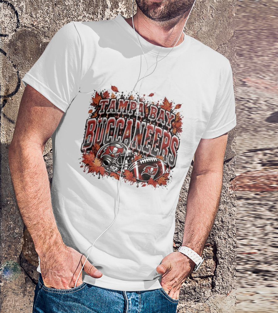 Tampa Bay Buccaneers Helmet And Football With Autumn Leaves Halloween 2026 T-Shirt