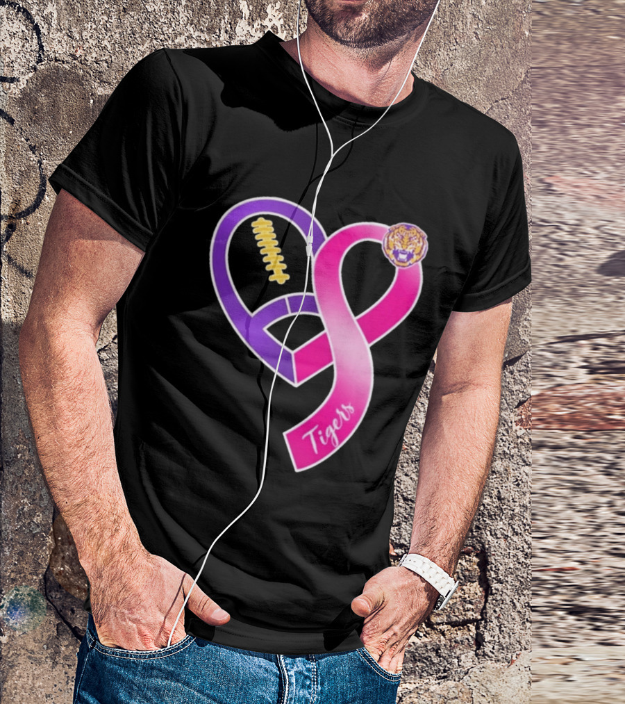 LSU Tigers Breast Cancer Awareness 2026 Heart Ribbon Football T-Shirt