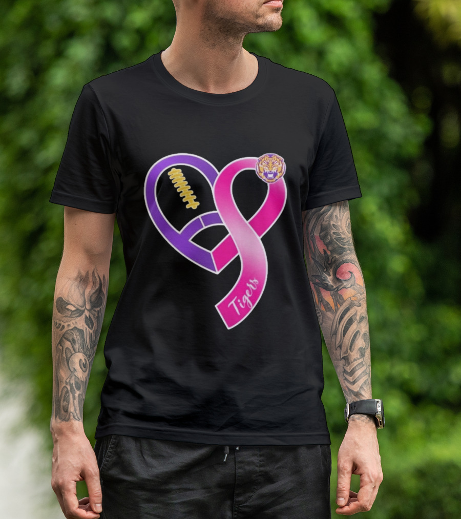 LSU Tigers Breast Cancer Awareness 2026 Heart Ribbon Football T-Shirt