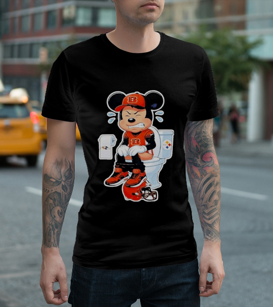 Mickey Cincinnati Bengals Mascot On Toilet Rival Baltimore Ravens Steelers Football Helmet T-Shirt