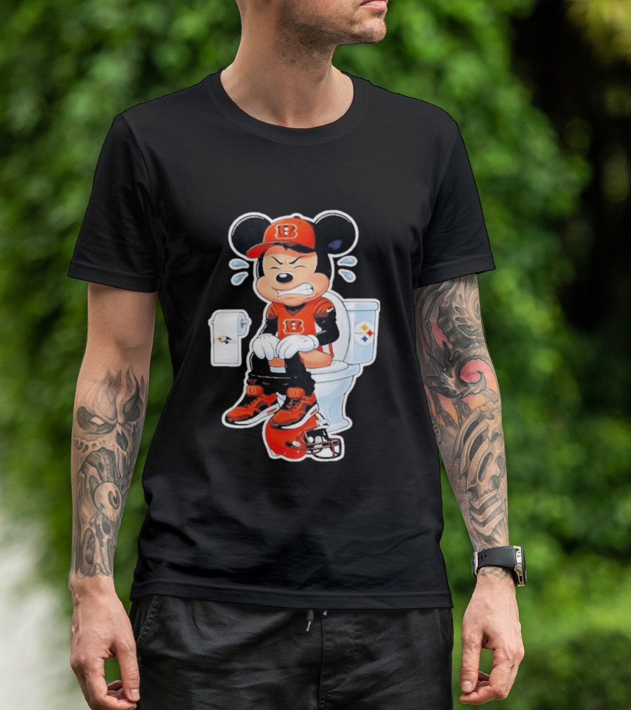 Mickey Cincinnati Bengals Mascot On Toilet Rival Baltimore Ravens Steelers Football Helmet T-Shirt