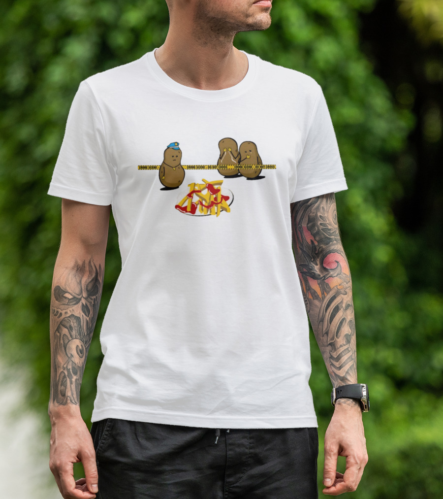 Crime Scene Do Not Cross Potato Fries Funny Cartoon Mash Up T-Shirt