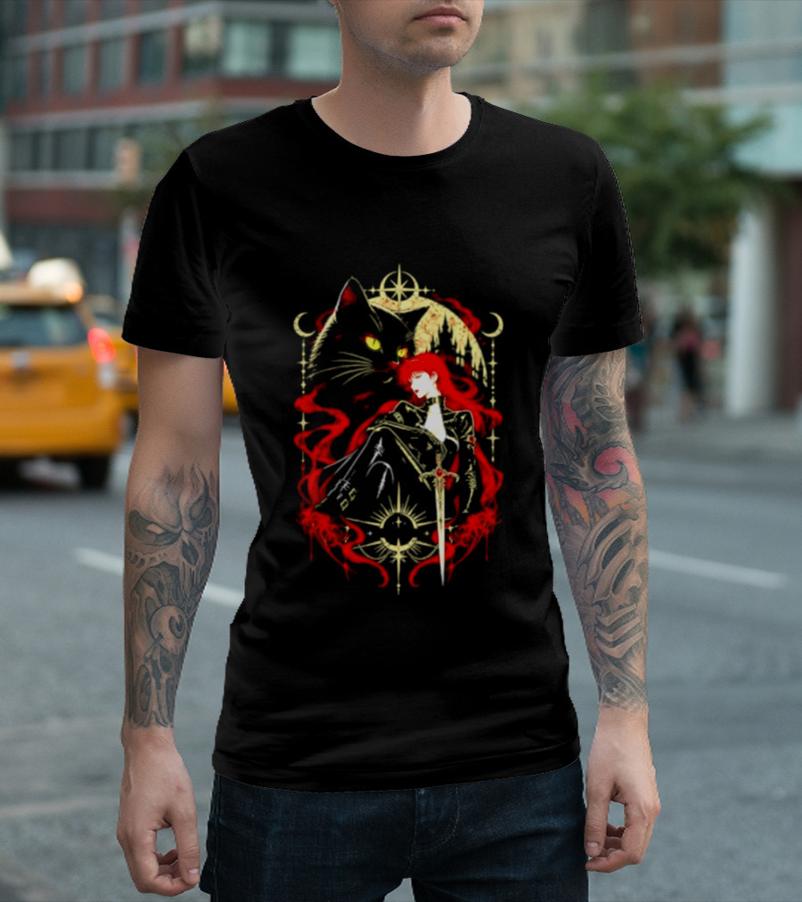 Gothic Red Haired Woman Black Cat Sword Magical T-Shirt