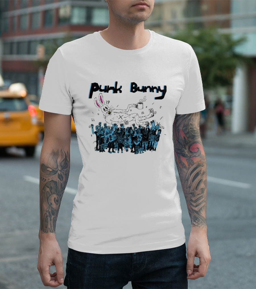 Punk Bunny Coffee Cup Crowd Green Day Style White T-Shirt