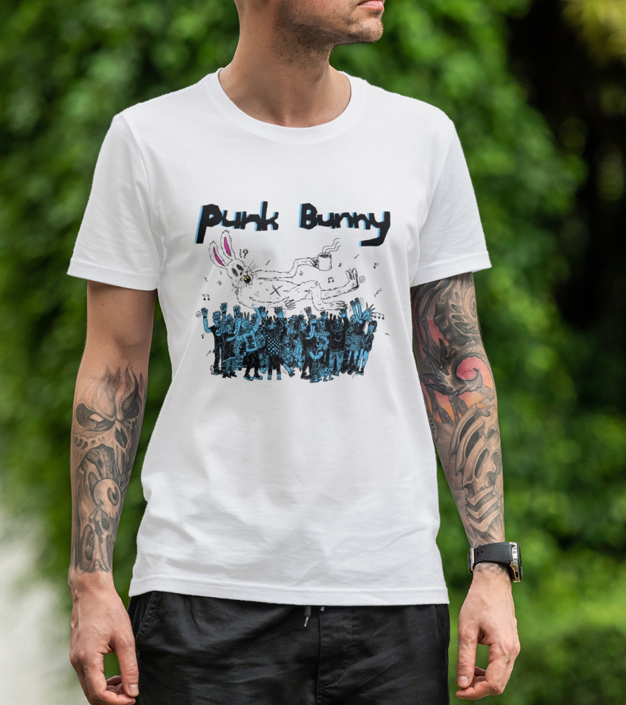 Punk Bunny Coffee Cup Crowd Green Day Style White T-Shirt
