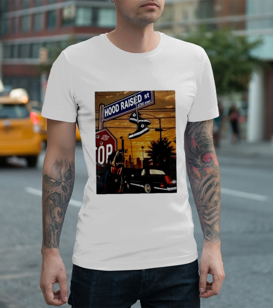 Hood Raised Street 4700 East Rottweiler Lowrider Sneakers And Sunset Urban Scene T-Shirt