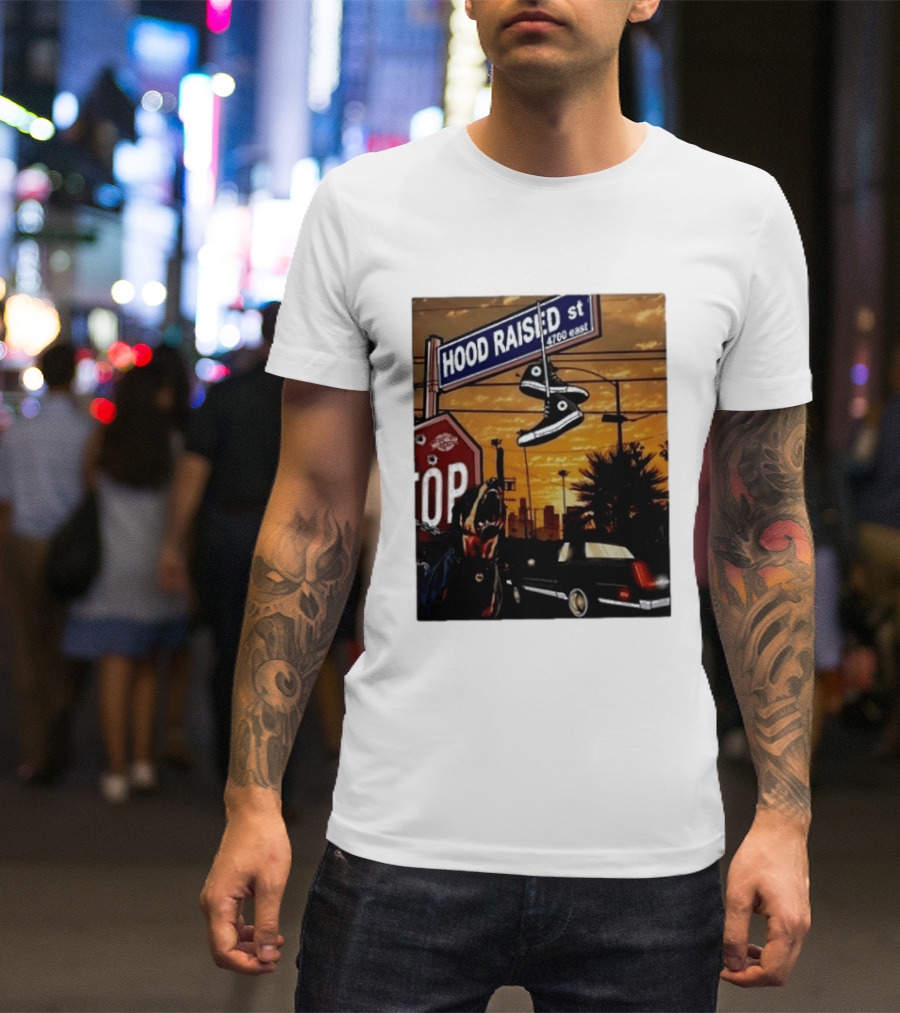 Hood Raised Street 4700 East Rottweiler Lowrider Sneakers And Sunset Urban Scene T-Shirt