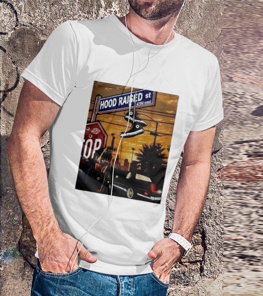Hood Raised Street 4700 East Rottweiler Lowrider Sneakers And Sunset Urban Scene T-Shirt