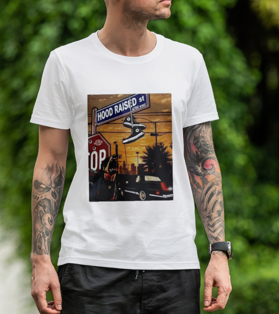 Hood Raised Street 4700 East Rottweiler Lowrider Sneakers And Sunset Urban Scene T-Shirt