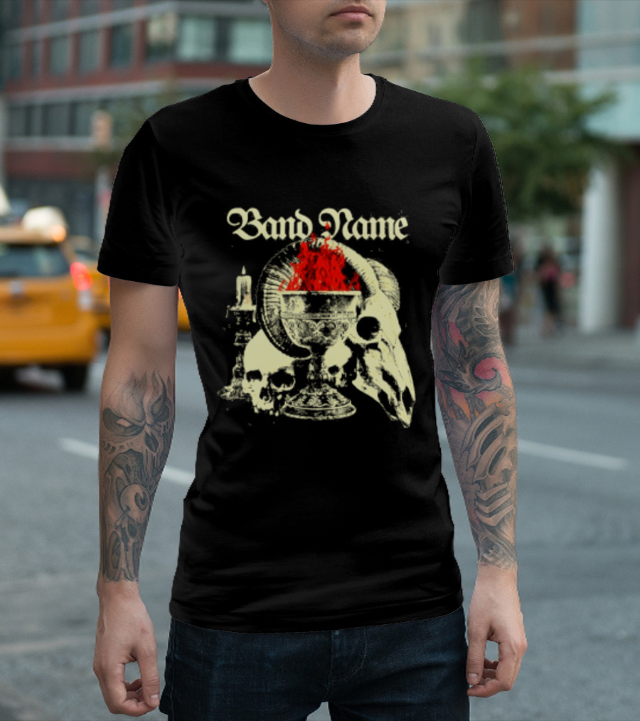Band Name Skull Chalice Candle Flames Heavy Metal T-Shirt