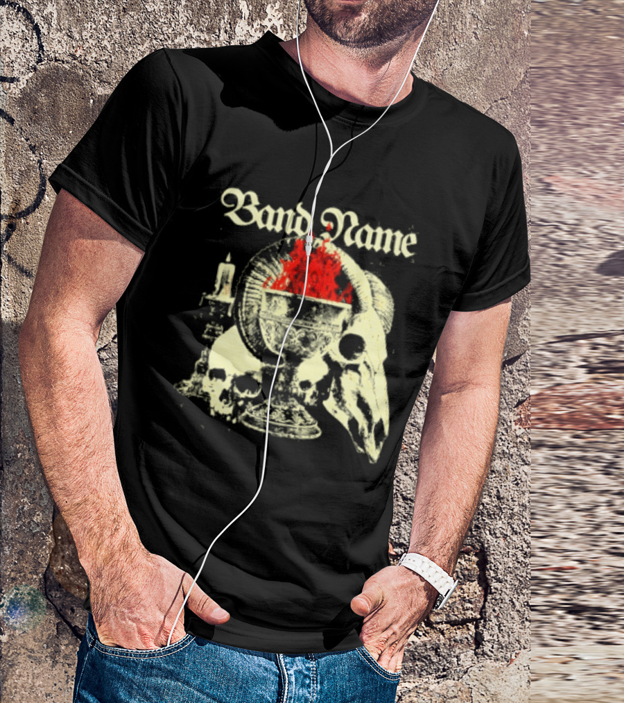Band Name Skull Chalice Candle Flames Heavy Metal T-Shirt