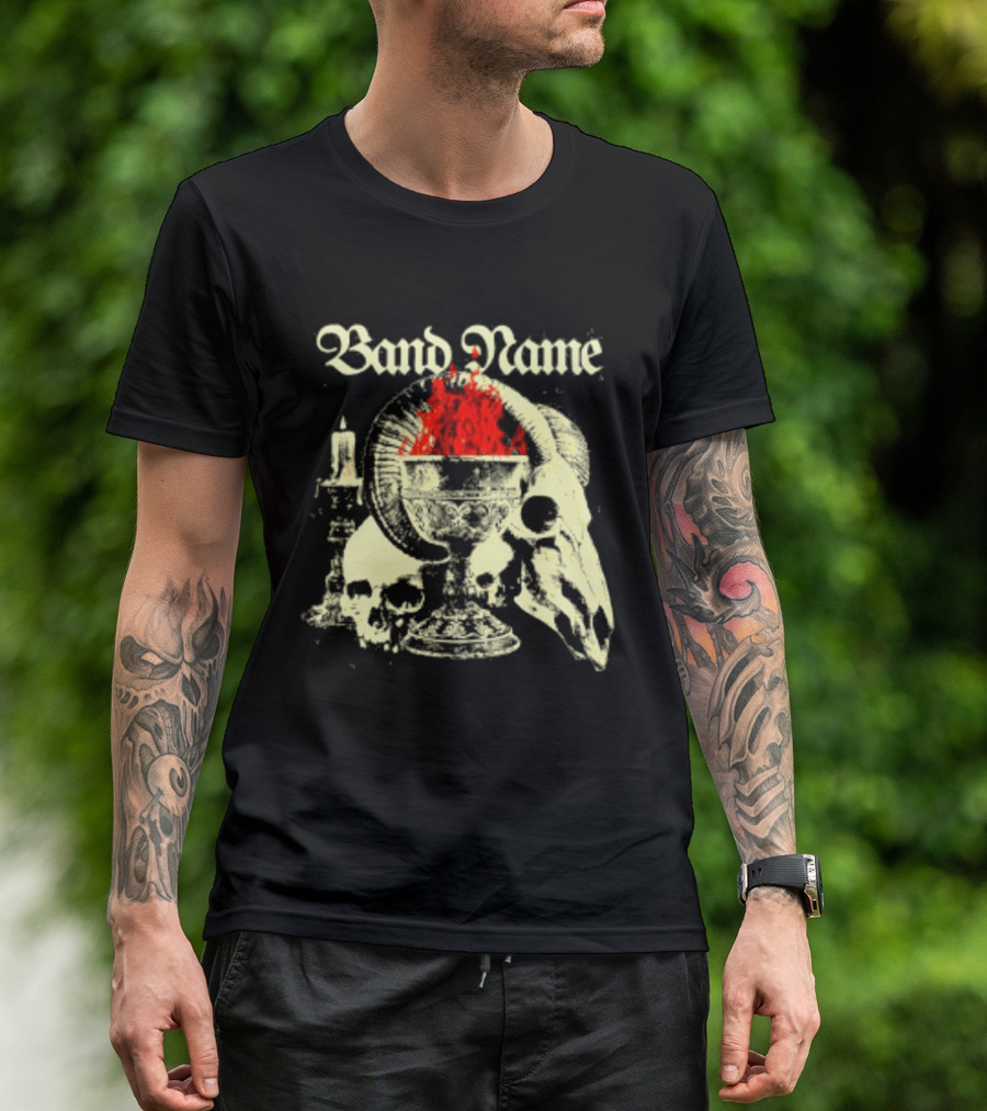 Band Name Skull Chalice Candle Flames Heavy Metal T-Shirt