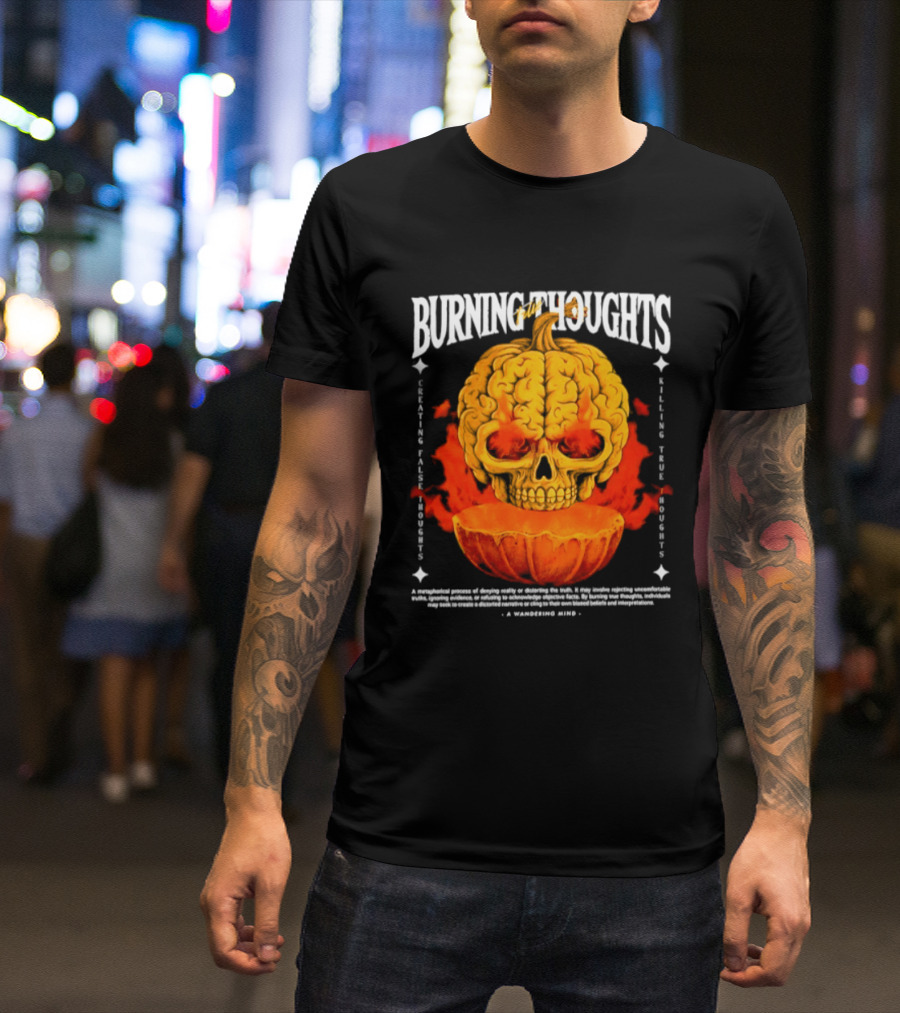 Burning Thoughts Halloween Skull Pumpkin Fire Poem T-Shirt