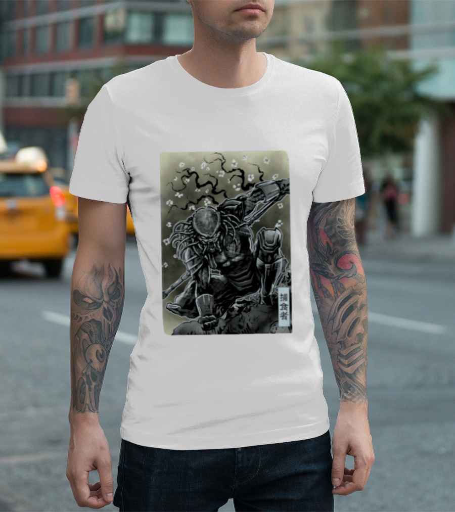 Yautja Samurai Mashup With Cherry Blossoms T-Shirt