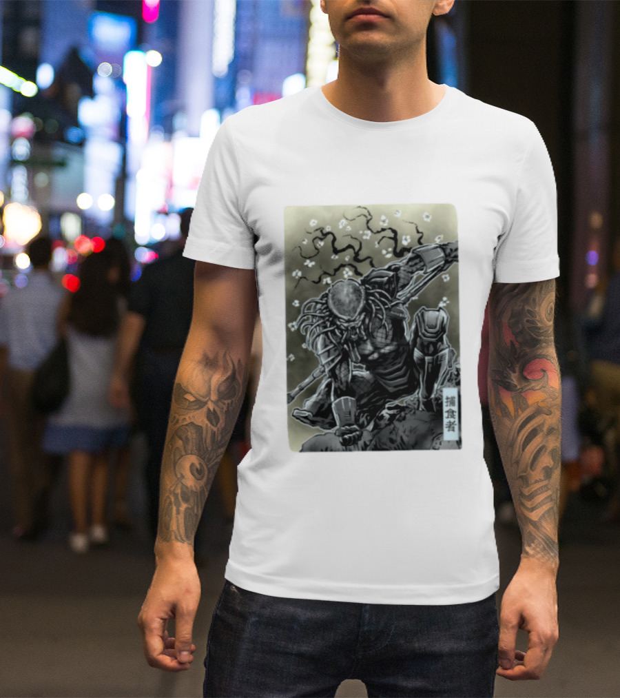 Yautja Samurai Mashup With Cherry Blossoms T-Shirt