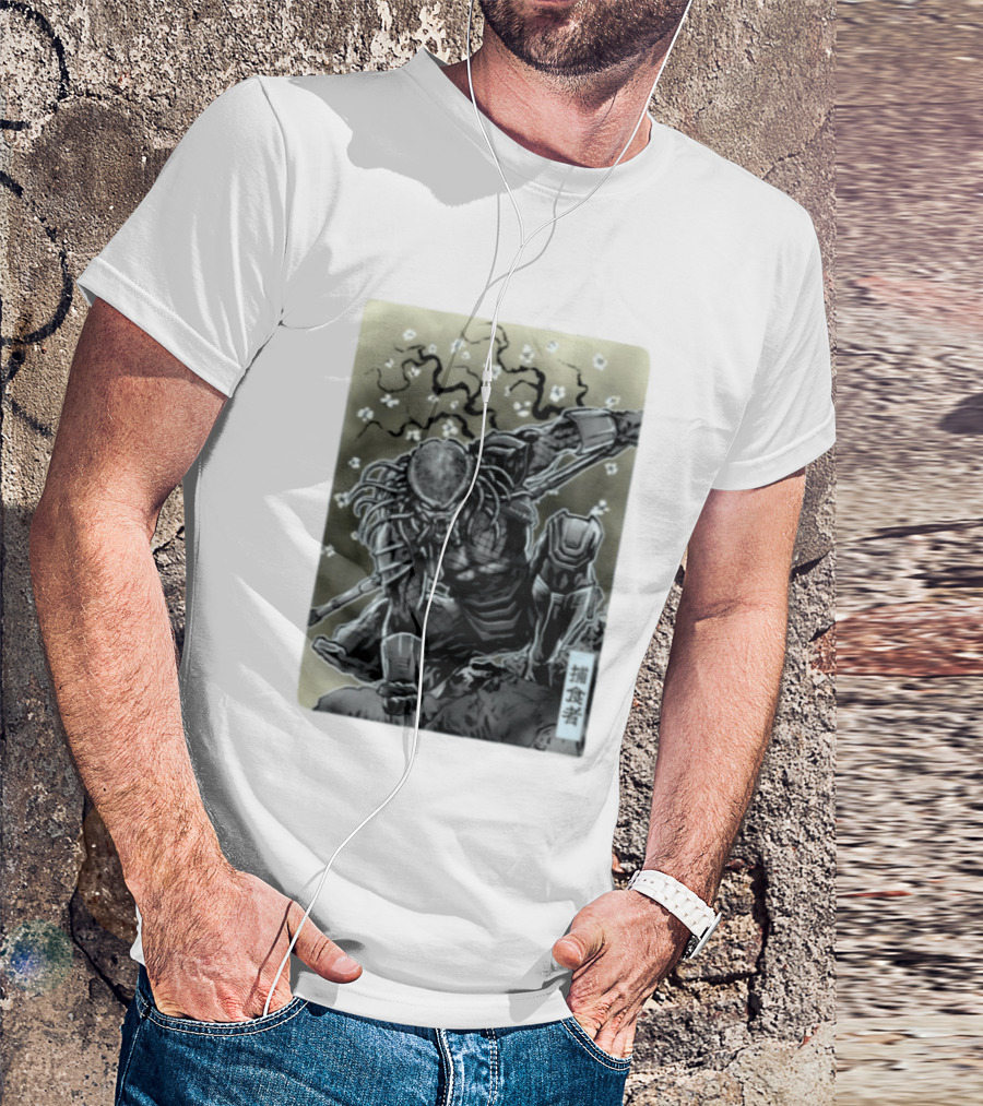 Yautja Samurai Mashup With Cherry Blossoms T-Shirt