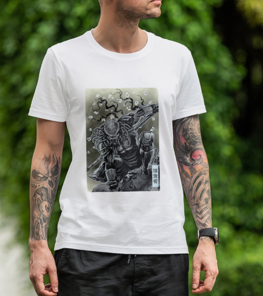 Yautja Samurai Mashup With Cherry Blossoms T-Shirt