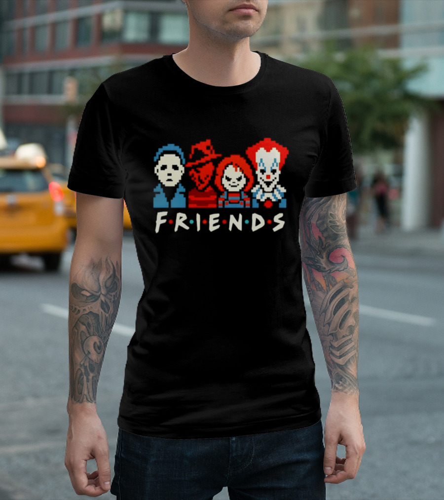 Friends Horror Movie Characters Pixel Art Michael Freddy Chucky Pennywise T-Shirt