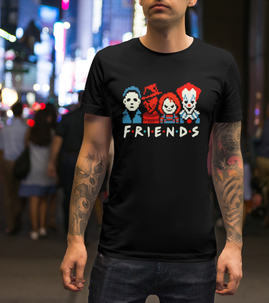 Friends Horror Movie Characters Pixel Art Michael Freddy Chucky Pennywise T-Shirt