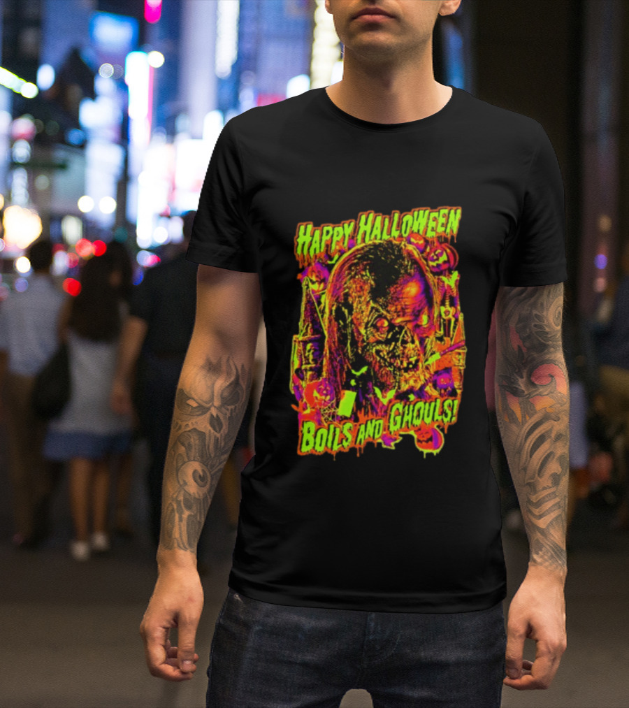 Happy Halloween Boils And Ghouls Horror Zombie Pumpkins Candles Spooky Scene T-Shirt