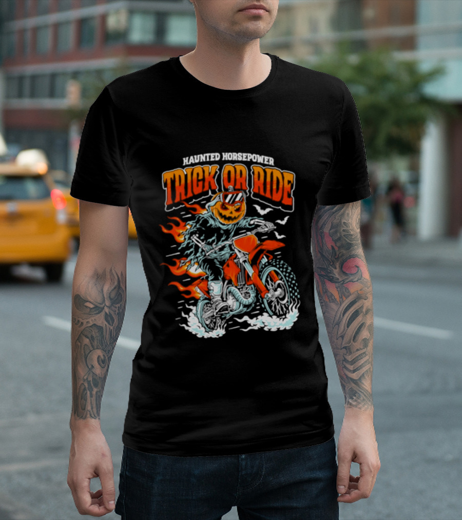 Haunted Horsepower Trick Or Ride Halloween Pumpkin Motorcycle Flames T-Shirt