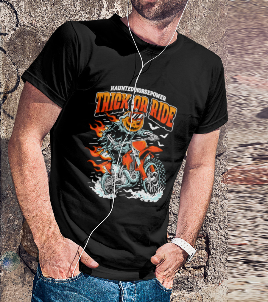Haunted Horsepower Trick Or Ride Halloween Pumpkin Motorcycle Flames T-Shirt
